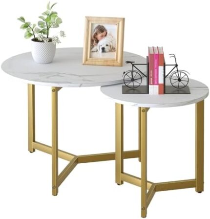 Coffee Table White Round Nesting Table for Living Room, Faux MarbleTable Set of 2 Modern Center Table,Wooden End Table Stacking Sofa Side Tables with Solid Metal Frame for Bedroom Home Office