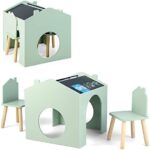 Costzon Kids Table and Chair Set, 3 Pieces Wooden Table Set for Toddler w/Chalkboards for Arts, Crafts, Reading, Drawing, House-Shaped Space-Saving Children Furniture Set, Gift for Boys Girls, Green