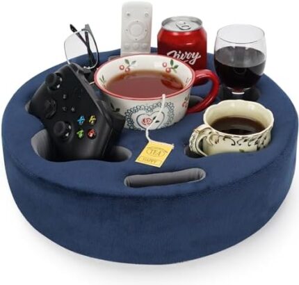 Couch Cup Holder Pillow - Cup Glass Cozy Pillow | Couch Caddy Sofa Bed Buddy Holds Drinks, Snacks, Remote, Phones, Tablet. Keep Drinks Stand and Prevent Spills for Car, Park, Beach, Picnic.(Navy)