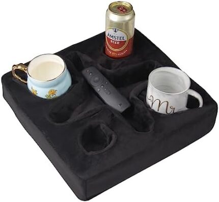 Couch and Bed Cup Holder Pillow, Sofa Refreshment Tray for Drinks/Remote Control/Snacks Holder (Black)