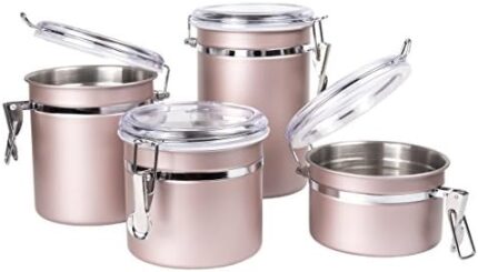 Creative Home Set of 4 Pieces Stainless Steel Kitchen Storage Jar Container Canister with Clear Airtight Lid and Locking Clamp for Food, Cookie, Flour, Sugar, Tea, Coffee Storage, Rose Gold