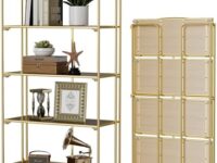 Crofy No Assembly Folding Bookshelf for Living Room, 4 Tier Gold Collapsible Book Shelf for Home Office, Portable Bookcase Storage Organizer