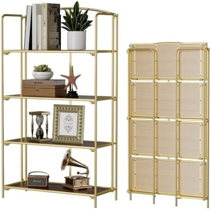 Crofy No Assembly Folding Bookshelf for Living Room, 4 Tier Gold Collapsible Book Shelf for Home Office, Portable Bookcase Storage Organizer