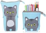 Cute Pencil Case, OLIYuMi Telescopic Pencil Pouch Pencil Case Cartoon Pencil Storage Box Stationery Organizer Makeup Bag with Zipper Closure for Student Office College Boys and Girls (Blue Cat)