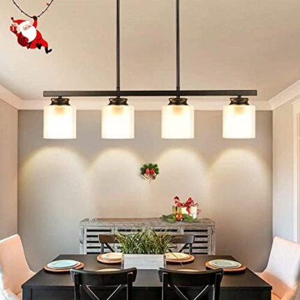 DLLT Ceiling Pendant Light, Vintage 4-Light Matte Black Metal Hanging Fixture with Double Glass Shades, Semi Flush Mount Industrial Chandelier for Kitchen Island, Dining, Restaurant, Cafe, E26 Socket