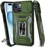 DMDMBATH for iPhone 15 Case with Slide Camera Cover, iPhone 15 Phone Case with Magnetic Kickstand Ring, Military Grade Shockproof Protective Case for iPhone 15 6.1 inch (Olive Green)