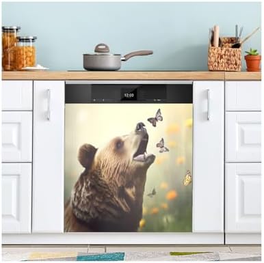 DOMIKING Grizzly Bear Butterflies Dishwasher Magnet Cover Decorative Magnetic Sticker Refrigerator Panel Door Decal for Home Kitchen Appliance 23" W * 26" H