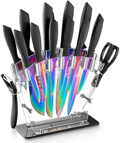 D.Perlla Knife Set, 16-Piece Kitchen Knife Set with Acrylic Stand, High Carbon Stainless Steel Knife Block Set with Rainbow Titanium Coating, Anti-Rusting & Anti-Corrosion