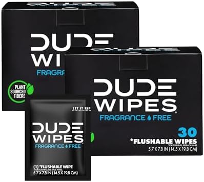 DUDE Wipes Flushable Wet Wipes (2 Packs, 30 Wipes Each) Individually Wrapped for Travel, Unscented Wet Wipes with Vitamin-E & Aloe, Septic and Sewer Safe