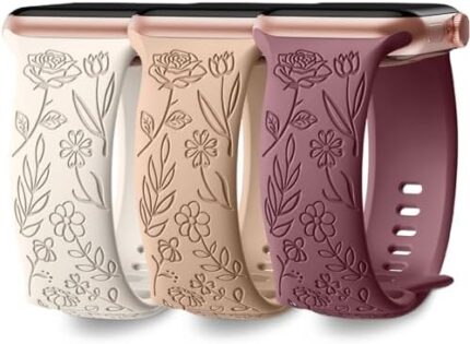 DaQin 3 Pack Floral Engraved Bands Compatible with Apple Watch Band 40mm 38mm 41mm 42mm 44mm 45mm 49mm Women Girl, Cute Fancy Rose Sport Strap for Apple Watch Series 9 8 7 6 5 4 3 2 1 SE Ultra/Ultra 2