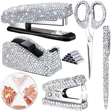 Demissle 6 Pcs Bling Office Desk Accessories Set Crystal School Stationery Kit Scissor Stapler with Staple, Tape Dispenser, Diamond Pen, Staple Remover, Binder Clip, Paper Clip, Push Pins (White)