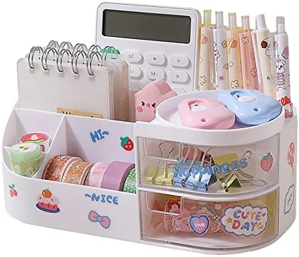 Desk Organizer with Drawer, Makeup Organizer, Pencil Holder Desktop Storage Box with Sticker for Office Supplies, Bathroom Counter or Dresser (White)