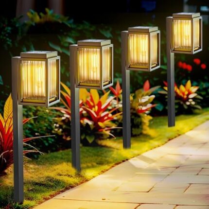 Dolucky Solar Lights Outdoor Waterproof, 4 Packs Super Bright Solar Pathway Light, Auto On/Off Solar Garden Lights, Solar Yard Lights for Landscape Driveway Walkway Lawn Path Decor