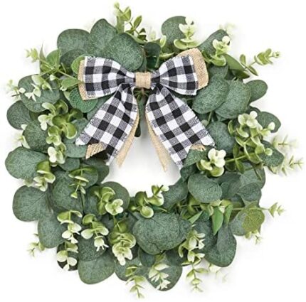 Dremisland 12" Artificial Eucalyptus Wreath Buffalo Plaid Wreath | Spring Summer Small Green Leaf Wreath for Front Door Window Porch Farmhouse Decor Festival Celebration Home Decor (12inch, Black Plaid)