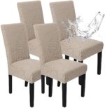 Dremisland Waterproof Dining Chair Covers Set of 4 Stretch Jacquard Chair Seat Covers Washable Dining Room Seat Slipcover Removable Kitchen Parson Chair Covers Protector (Khaki-4PCS)