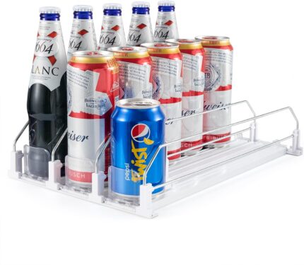 Drink Organizer for Fridge, Automatic Pusher Glide Soda Can Dispenser Stainless Steel Drink Rack Fridge for Refrigerator 14.96"D, Holds Up to 12-15 Cans