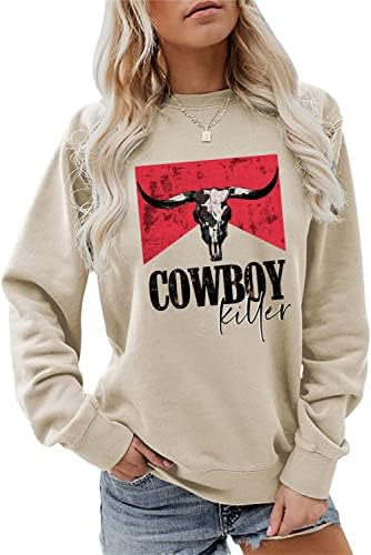 ESIKAH Retro Cow Skull Cowboy Killer Western Country Sweatshirt Funny Graphic Cowgirl Gift Shirt Women Crewneck Pullover Tops