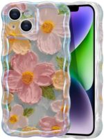 EYZUTAK Case for iPhone 13, Colorful Retro Oil Painting Flower Laser Glossy Pattern Cute Curly Waves Border Exquisite Phone Cover Stylish Durable TPU Protective Case for Girls Women - Green