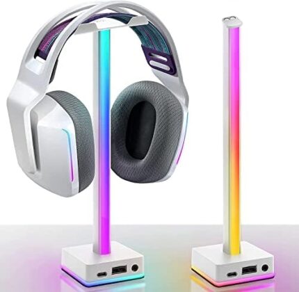 EZDIY-FAB USB LED Light Bar Headphones Stand, Desktop Atmosphere RGB Backlight,50 Built-in Color Modes, Headphone Holder for Gamers Gaming PC PS5 Accessories Desk- White