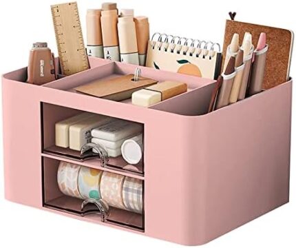 Easilywinlife Desk Organizer with Drawer, Office Stationery Storage Box with 5 Compartments + 2 Drawer，Multi-Functional Pen Pencil Holder and Desk Accessories for Business Cards Pen Pencil (Pink)