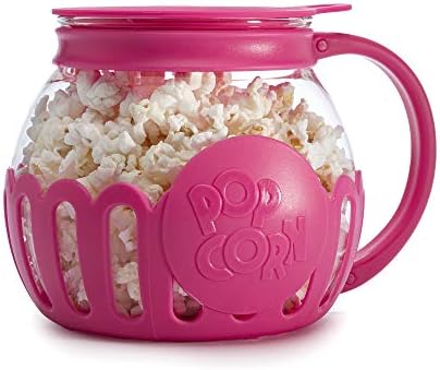 Ecolution Patented Micro-Pop Microwave Popcorn Popper with Temperature Safe Glass, 3-in-1 Lid Measures Kernels and Melts Butter, Made Without BPA, Dishwasher Safe, 1.5-Quart, Pink