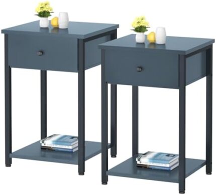 Ecoprsio Nightstand Set of 2 Modern End Table Side Table with Drawer and Storage Shelf Wood Night Stand Dark Blue Bedside Table for Bedroom, Living Room, Sofa Couch, Hall, Easy Assembly, Dark Blue