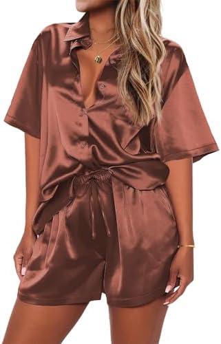 Ekouaer Silk Pajamas for Women Soft Sleepwear Short Sleeve Button Down Pjs Satin Top and Shorts 2 Piece Lounge Set S-XXL