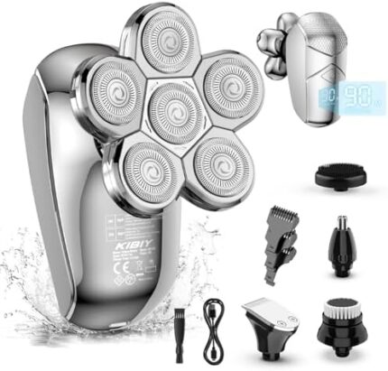 Electric Razor for Men, Kibiy Upgrade 5-in-1 Bald Head Shaver Cordless LED Mens Electric Shavers IPX7 Waterproof Wet Dry Rotary Shaver Grooming Kit with Beard Clippers (Silver)