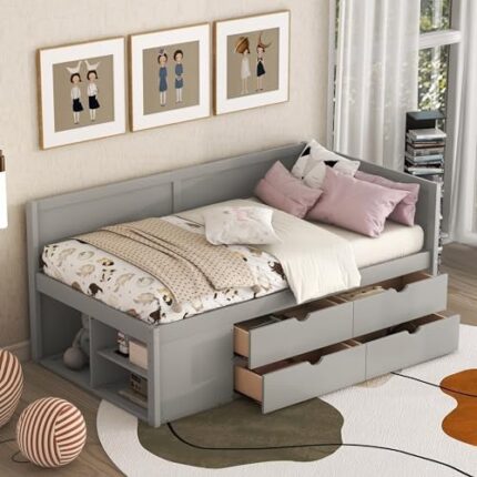 Elegant Design Twin Size Daybed with 4 Drawers and Shelves,Wooden Sofa Bedframe with Fance,for Bedroom Furniture,Space Saving Design (White) (Grey Twin)