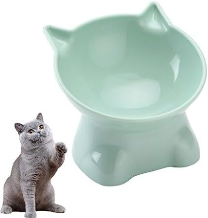 Ergonomic Cat Bowl Raised Cat Food Bowl, Tall Dog Bowl Plastic Feeding Bowl Pet High Water Bowl for Cats Puppy Dog Neck Protector - Green