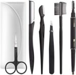 Eyebrow Kit, BOYI 6 in 1 Tweezers for Eyebrows, All-in-one Eyebrow Grooming Set Dermaplaning Tool Eyebrow Razor Brush Scissors Brown Eyebrow Pencil with Leather Pouch (C-White)