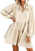 FANCYINN Women Long Sleeve Shift Tunic Dress Ruffle Swing Babydoll Juniors Mini Ruffle Dress with Pockets