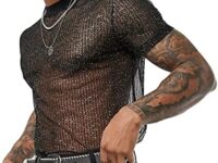 FEOYA Men’s Mesh See Through Shirts Sheer Transparent Club Party Casual Top Undershirts