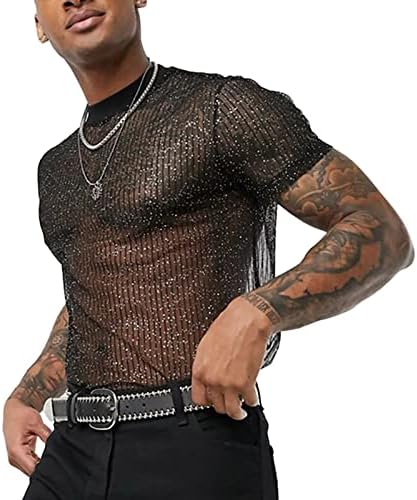 FEOYA Men’s Mesh See Through Shirts Sheer Transparent Club Party Casual Top Undershirts