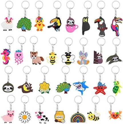 FEPITO 30 Pack Animal Keychains for Party Favors Supplies, Kids Party Bag Fillers, School Carnival Rewards, Baby Shower Party Favors