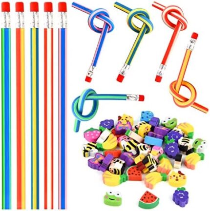 FEPITO Soft Flexible Bendy Pencils and Fruit Animal Rubber Erasers, Kids Party Bag Filler Set，Party Bag Fillers for Kids, School Stationary Equipment, Kids Birthday Party Bag Favours (75pcs)