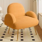 FFIJJ Modern Sherpa Boucle Accent Chair, Upholstered Arm Vanity Chair with Metal Legs for Corner, Fluffy Reading Side Chairs for Living Room, Bedrooms, Home Office, Dorm, Reading Nook (Yellow)