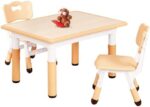 FUNLIO Kids Table and 2 Chairs Set for Ages 3-8, Height Adjustable Toddler Table and Chair Set, Easy to Wipe Arts & Crafts Table, for Classrooms/Daycares/Homes, CPC & CE Approved (3pcs Set) - Natural