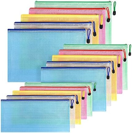 FYY A4+A5+A6 Plastic Zip Wallets Folder, 15PCS Mesh Zipper Pouch Document Wallet, A4+A5+A6 Zipper File Folders, Zip Lock Bags for School Office Household Travel Supplies