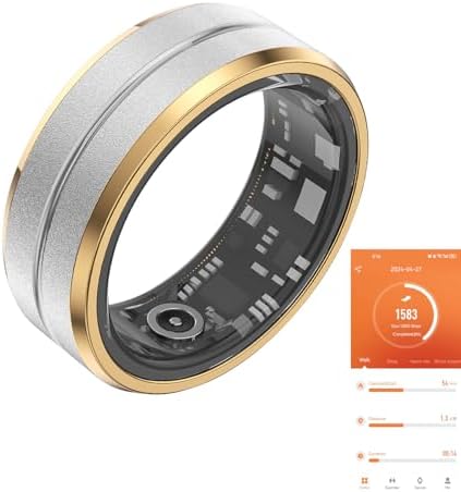 Fitness Tracker Smart Ring, Step Counter for Walking, Heart Rate Blood Oxygen Calorie Sleep Tracker Health Ring, IP68 Waterproof Design, Stainless Steel, 5-7 Days Battery Life, Silver + Side Gold