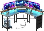 Flrrtenv L Shaped Gaming Desk with LED Lights & Power Outlets, 51" Corner Computer Desk with Full Size Monitor Stand, Storage Bag & CPU Stand for Home Office, Rustic Brown