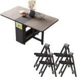 Folding Dining Table and 4 Piece Chair Set, Drop Leaf Wooden Kitchen Furniture Multifunction Space Saving Dining Table