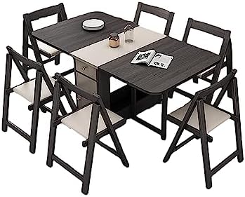 Folding Dinner Table with Casters, Wood Drop-Leaf Table, Space Saving Compact Dining Table with 4 Chair, Kitchen Furniture