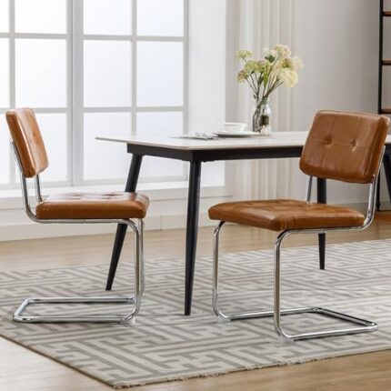 Forevich PU leather Dining Chair Set of 2, Mid-Century Modern Upholstered Dining Chairs with Backrest and Metal Legs for Living Room, Dining Room, Bedroom, Kitchen Brown