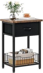 Fyzeg Nightstand, End Table with Open Shelf, Side Table with Fabric Drawer and Storage Shelf, Bedside Table for Bedroom, Hallway, Small Space (Rustic Brown + Black)