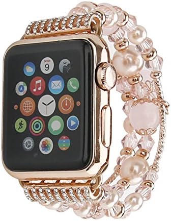 GEMEK Compatible with Apple Watch Band 38/40/41mm 42/44/45/49mm Women iWatch Bands Series 9/8/7/6/5/4/3/2/1, Fashion Handmade Elastic Agate Pearl Bracelet Replacement Strap for Girls Wristband