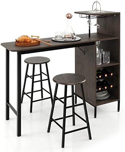 GOFLAME Bar Table and Chairs Set for 2, Counter Height Dining Table Set with Shelves, Cup Holder & Wine Rack, Breakfast Table & Chair Set, 3-Piece Pub Table Set for Kitchen, Dining Room