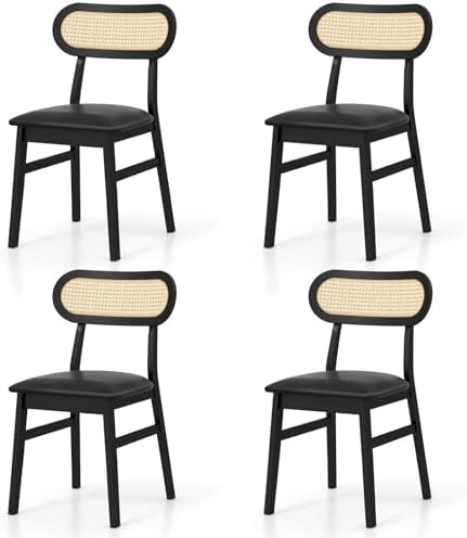 GOFLAME Wooden Dining Chairs Set of 4, Mid-Century Modern Kitchen Chairs with Upholstered Seat & Rattan Backrest, Faux Leather Cover, Armless Side Chairs for Kitchen, Dining Room, Restaurant, Black