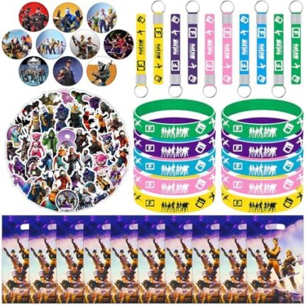 Game Party Supplies for Kids, 90 Pcs Party Favors - Bracelet, Gift Bag, Button Pins, Key Chain, Stickers, Goodie Bag Fillers for Game Themed Party, Pinata Stuffers,School Rewards for Kids 6-8,8-12