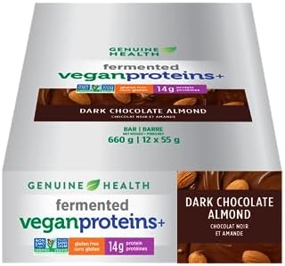 Genuine Health Fermented Organic Vegan Proteins+ Bar, Pack of 12, 14g of plant-based protein, Easy to digest & absorb, Dark chocolate almond flavour, Gluten-free, Non-GMO